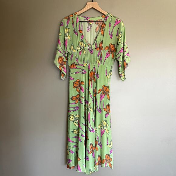 Anthropologie‎ Raina Kimono Dress Size 4 Midi Green Pink Floral Flowy Chic - Picture 5 of 16